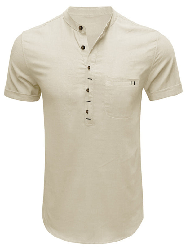 Men's woven solid color short-sleeved cotton and linen shirt