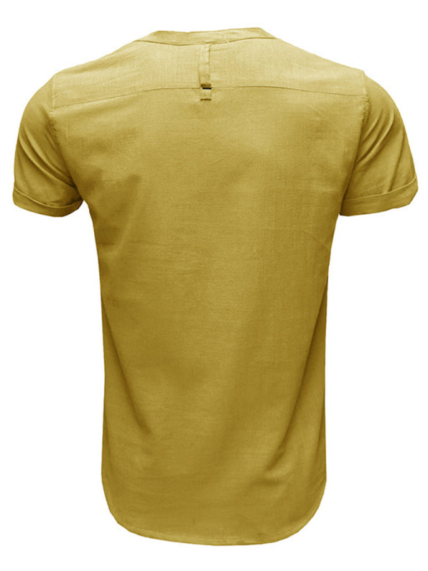 Men's woven solid color short-sleeved cotton and linen shirt