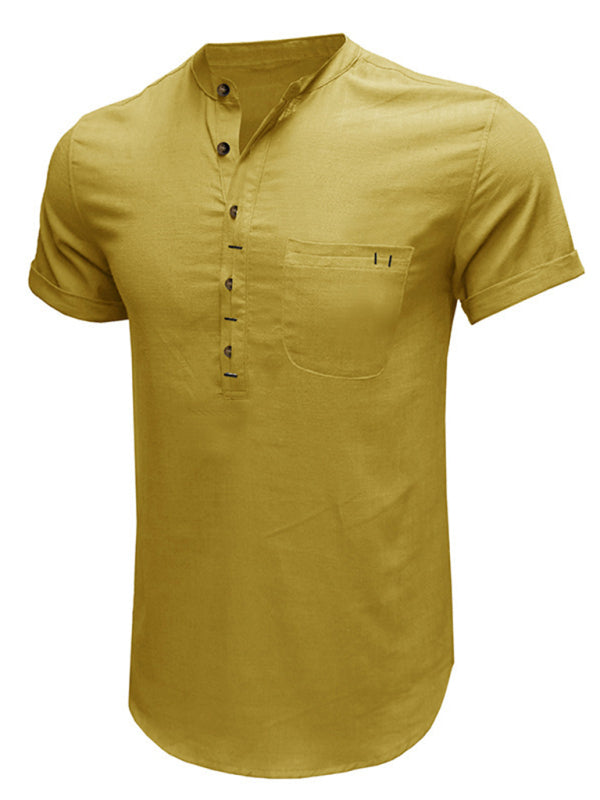 Men's woven solid color short-sleeved cotton and linen shirt