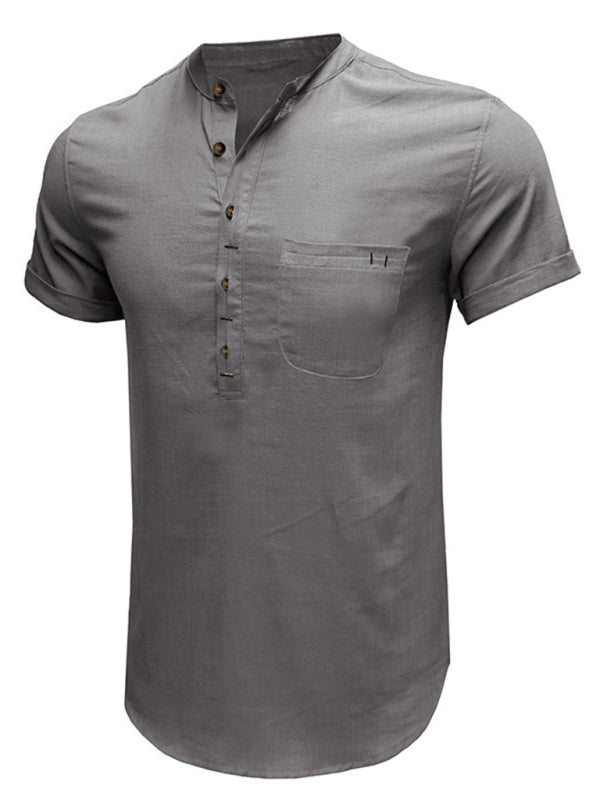 Men's woven solid color short-sleeved cotton and linen shirt