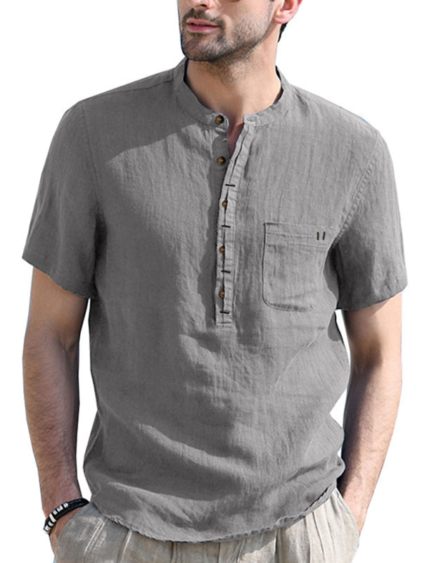 Men's woven solid color short-sleeved cotton and linen shirt