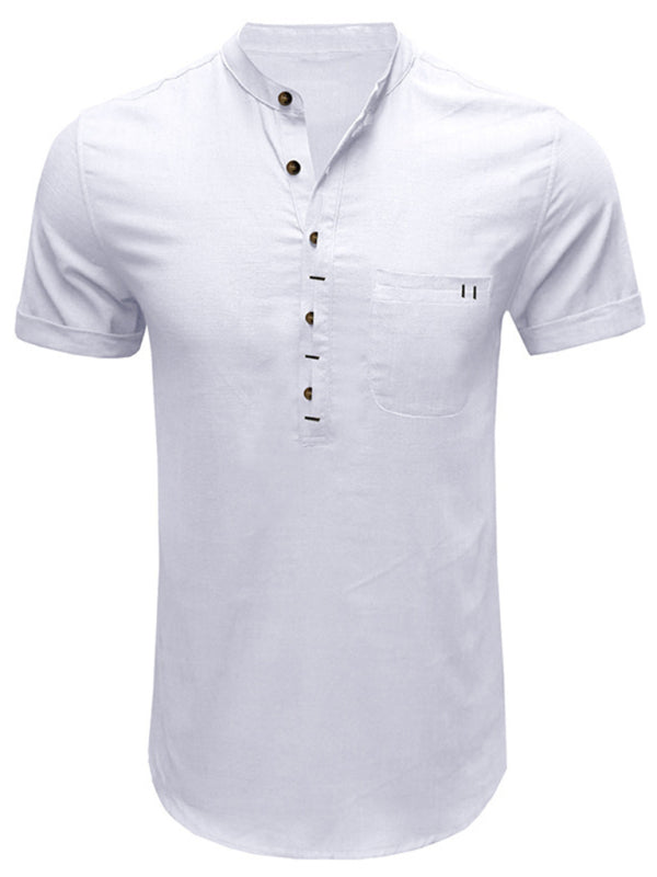 Men's woven solid color short-sleeved cotton and linen shirt