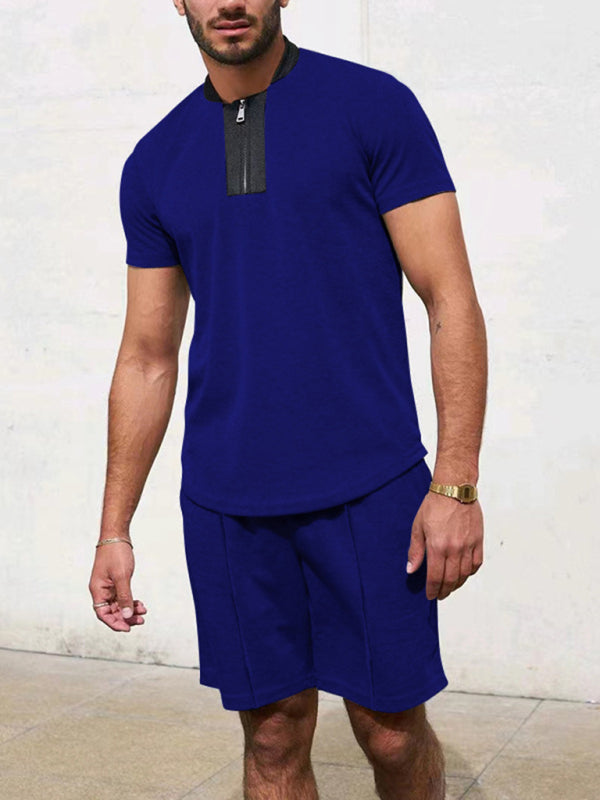 Men's Contrasting Color Waffle V-Neck Zipper T-Shirt + Shorts Casual Suit