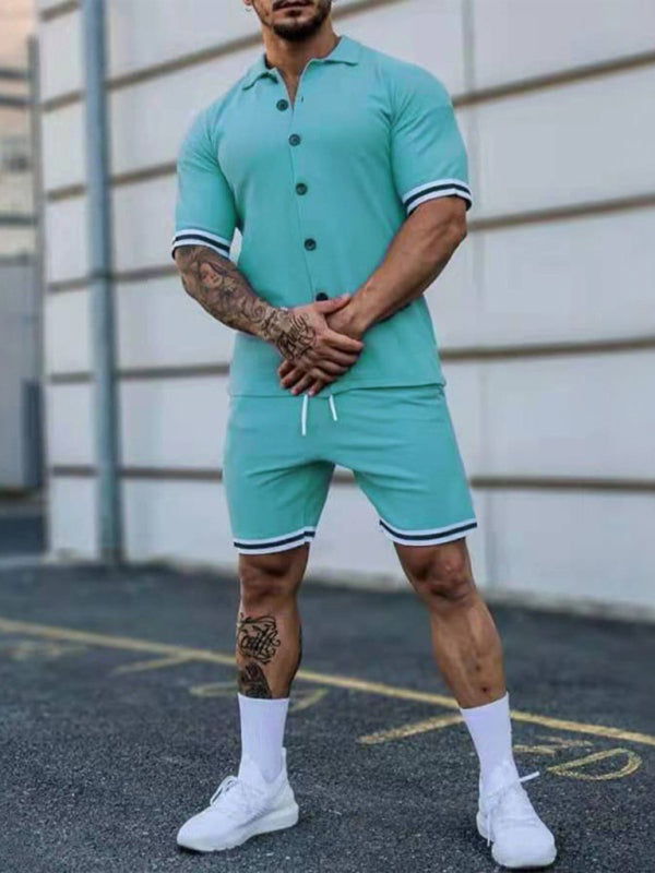 Men's color contrast lapel short-sleeved shirt + shorts two-piece suit