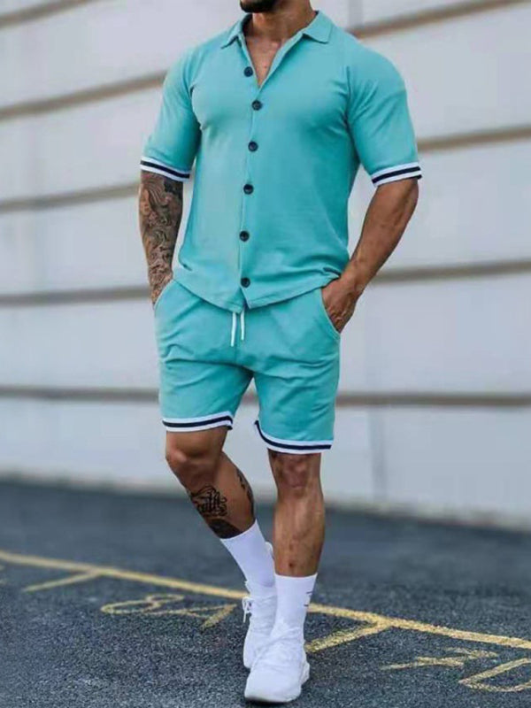 Men's color contrast lapel short-sleeved shirt + shorts two-piece suit