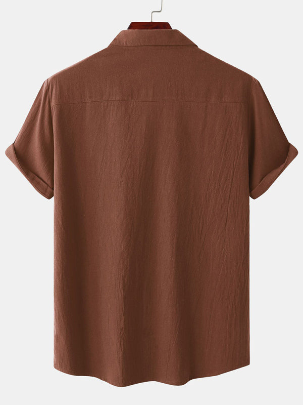 Men's Square Neck Casual Cotton Linen Shirt Linen Solid Color Half Sleeve Top