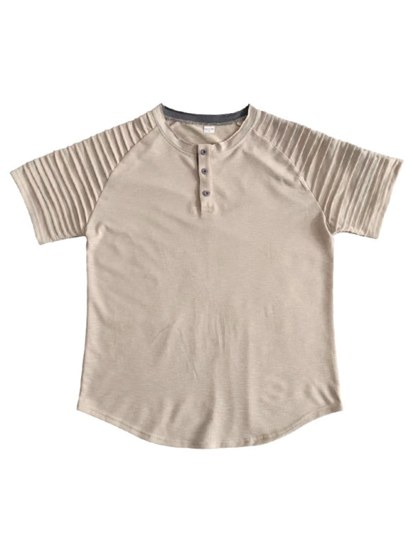 T-Shirt Button Collar Short Sleeve Men's Casual Pleated Tops Men's T-Shirts