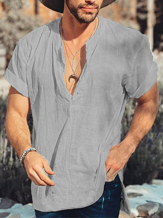 Summer solid color round neck short sleeve simple cotton linen shirt men