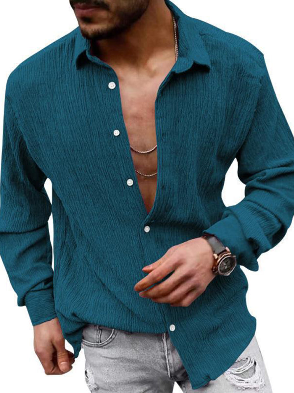 New Men's Solid Color Casual Lapel Long Sleeve Shirt