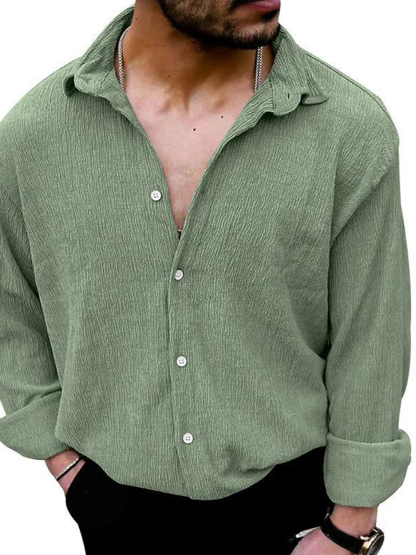 New Men's Solid Color Casual Lapel Long Sleeve Shirt