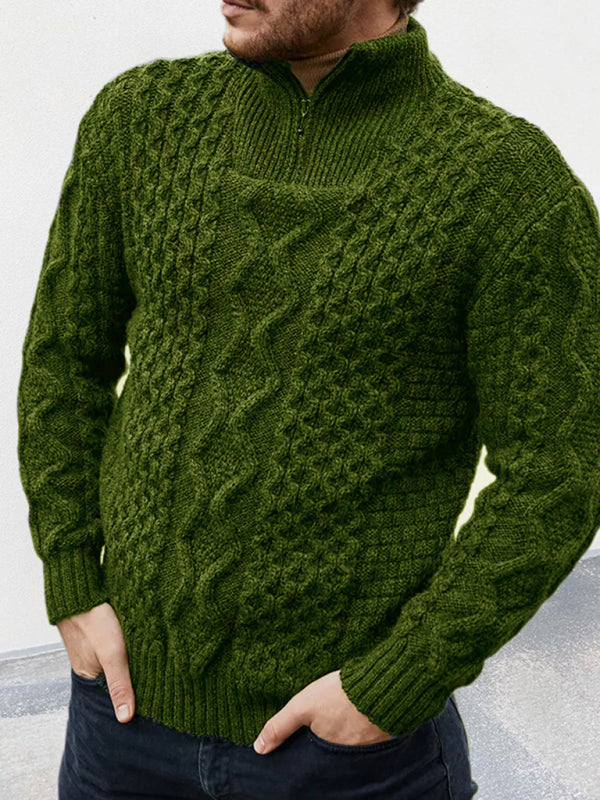 Men's zipper turtleneck long sleeve cable sweater