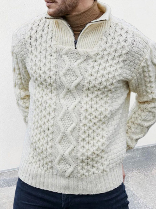 Men's zipper turtleneck long sleeve cable sweater