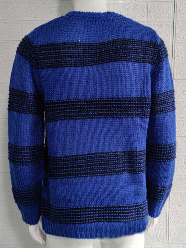 Men's fitted striped round neck long sleeve knitted sweater