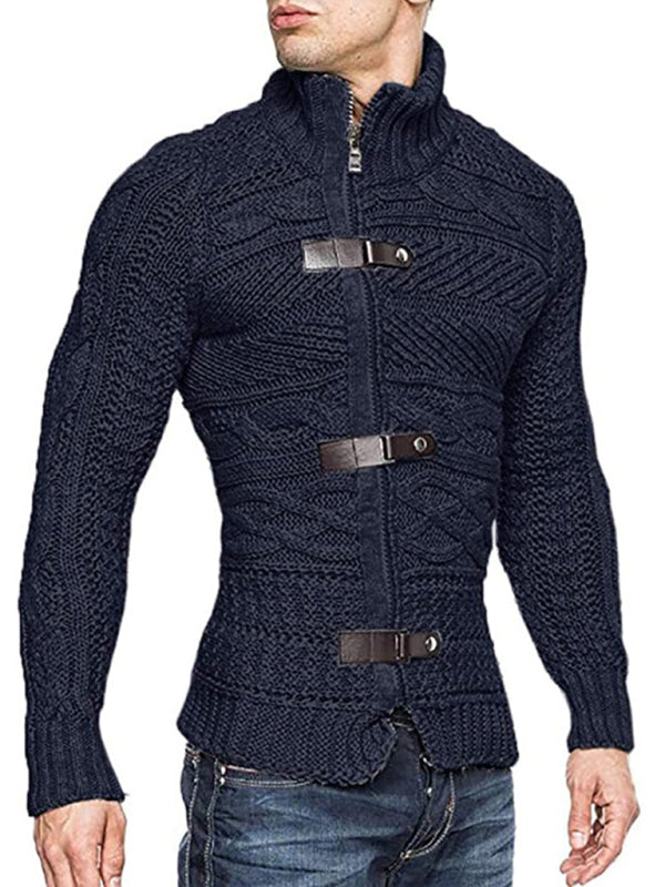 Men's Leather Button Long Sleeve Knitted Cardigan Jacket