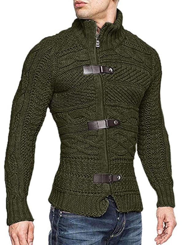 Men's Leather Button Long Sleeve Knitted Cardigan Jacket