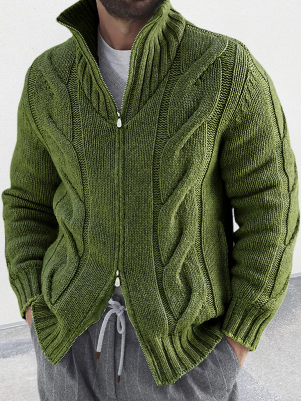 Men's turtleneck cable zipper sweater cardigan