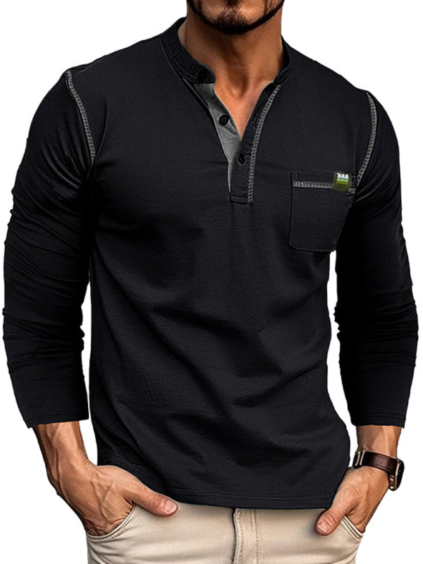 New Men's Henley Color Block Knitted Long Sleeve T-Shirt