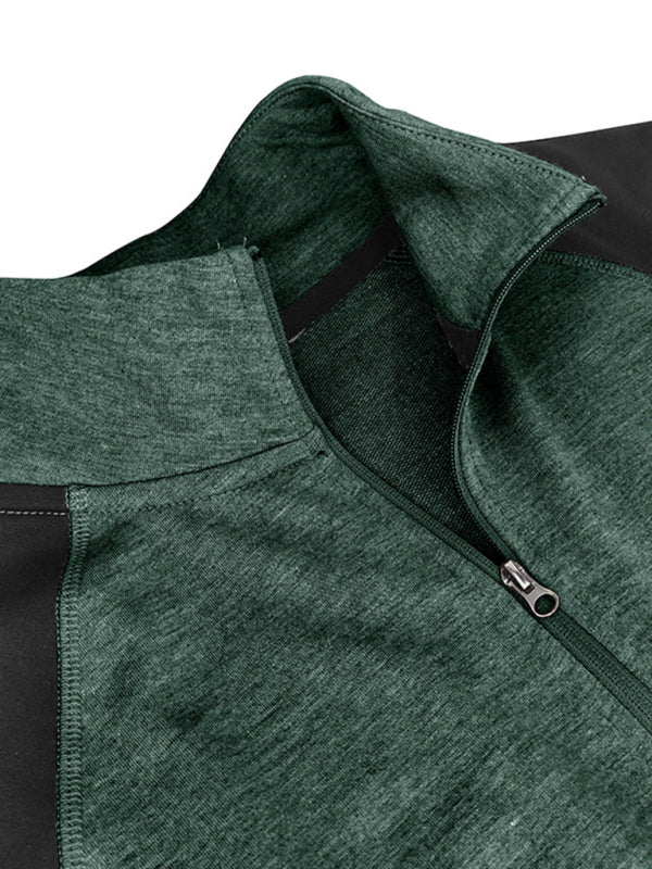 New Men's Long Sleeve Zipper High Collar Color Block Outdoor Stand Collar Sweatshirt Top
