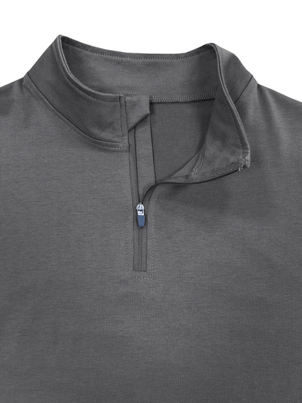 New Men's Long Sleeve Stand Collar Pullover Zip Polo Shirt