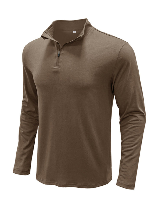 New Men's Long Sleeve Stand Collar Pullover Zip Polo Shirt