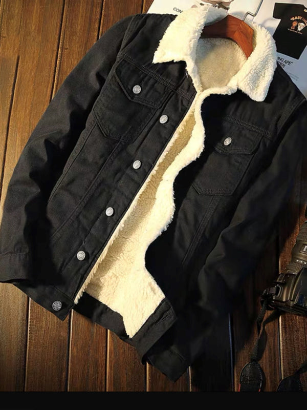 Men's warm sherpa button lapel denim jacket