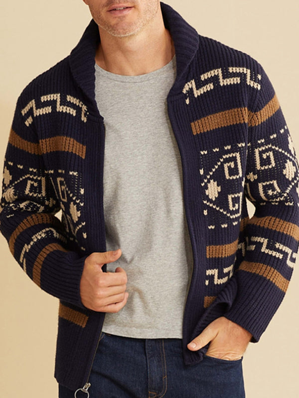 Men's casual lapel jacquard knitted jacket