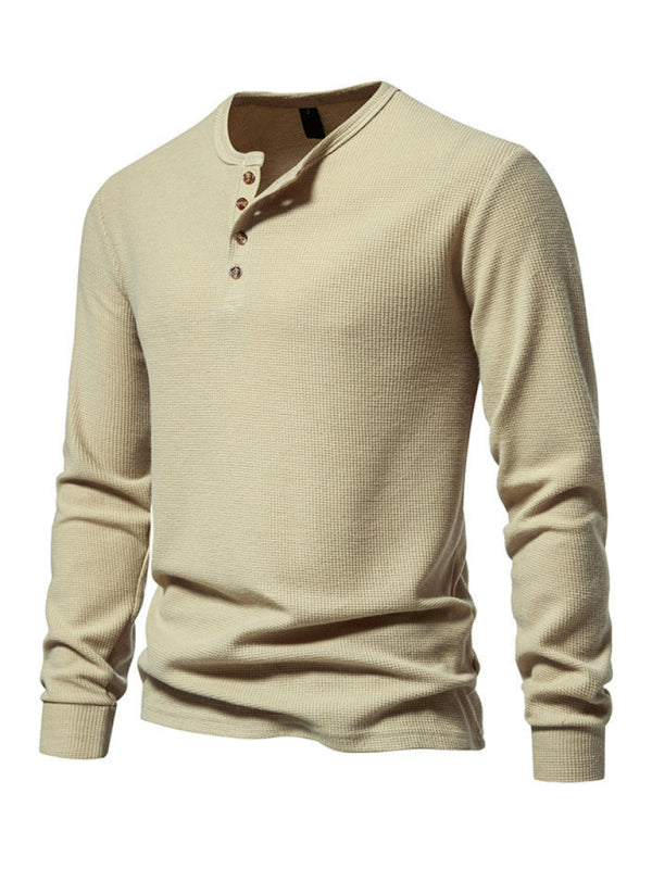 Men's Four Button Waffle Henley Neck Long Sleeve T-Shirt