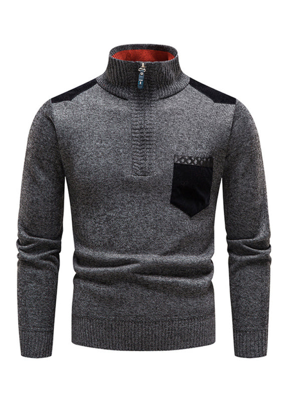 Men's stand-up collar thickened patchwork half-zip lapel sweater pullover sweater