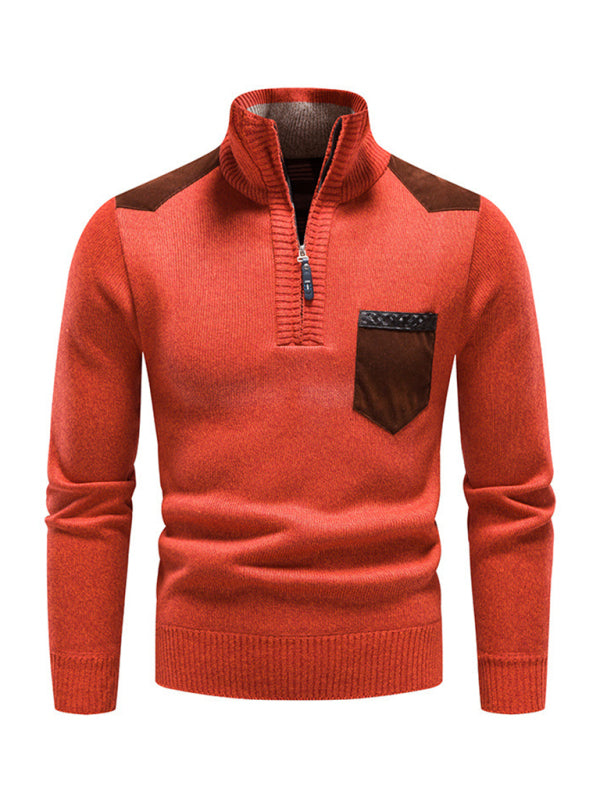 Men's stand-up collar thickened patchwork half-zip lapel sweater pullover sweater