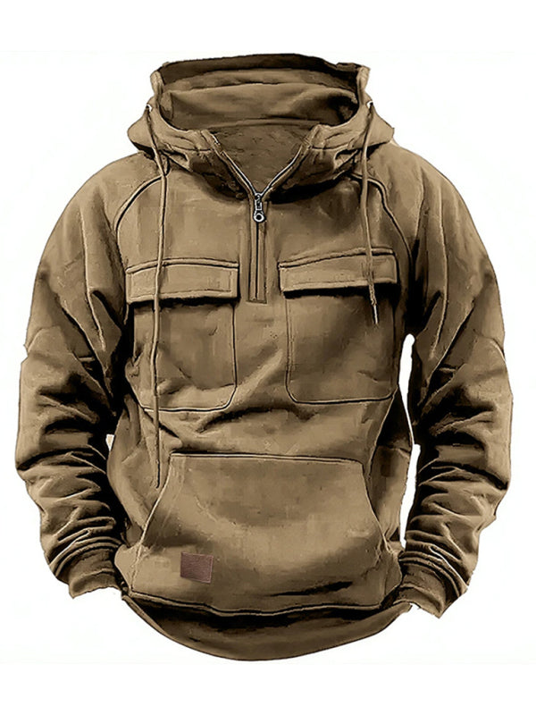 Men's hooded solid color sports multi-pocket leather sweatshirt jacket
