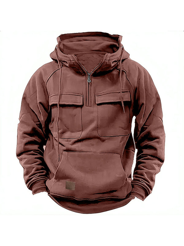 Men's hooded solid color sports multi-pocket leather sweatshirt jacket