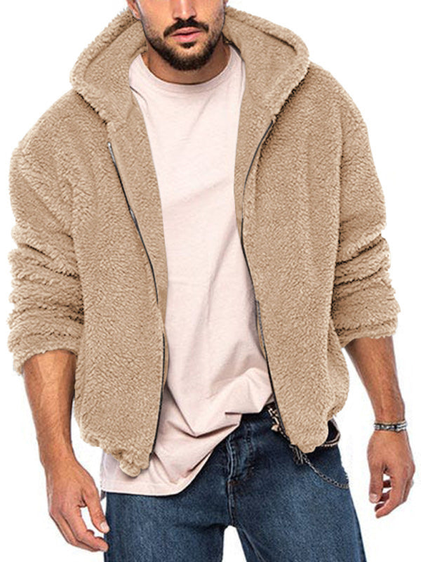 Men's double-sided arctic velvet hooded solid color warm zipper jacket