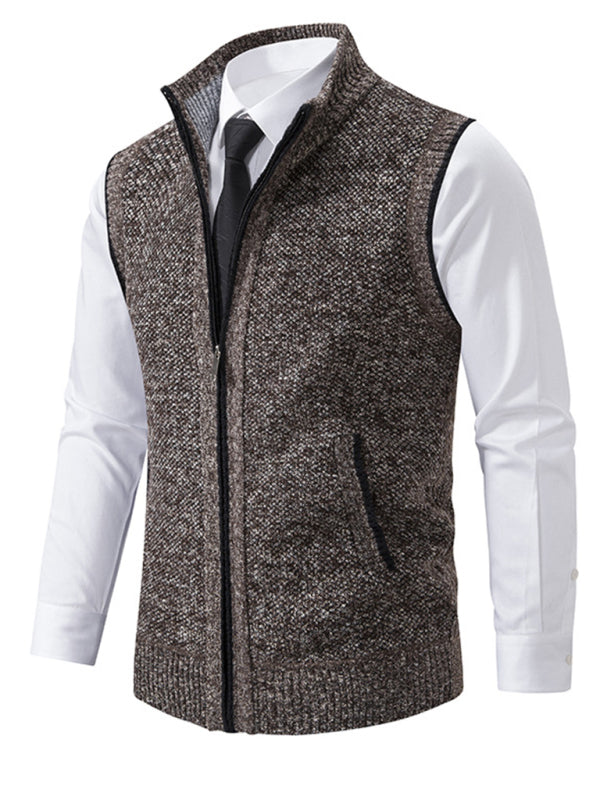 Men's stand collar sleeveless knitted casual thickened lining vest jacket