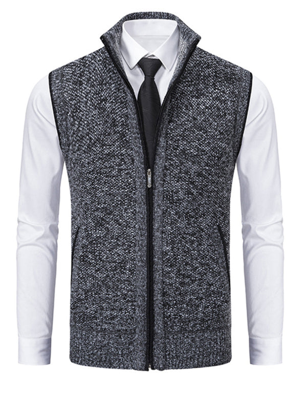 Men's stand collar sleeveless knitted casual thickened lining vest jacket