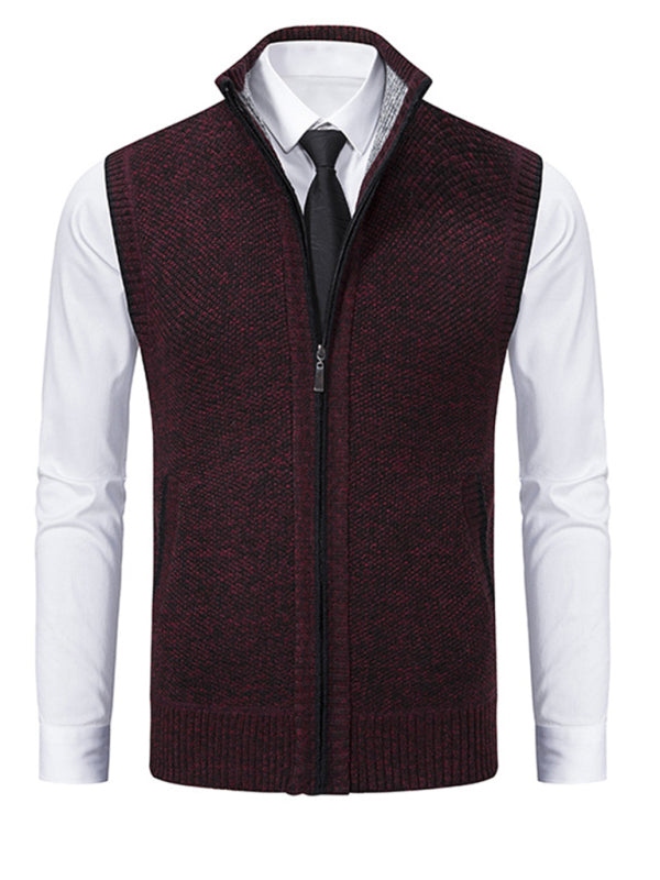 Men's stand collar sleeveless knitted casual thickened lining vest jacket