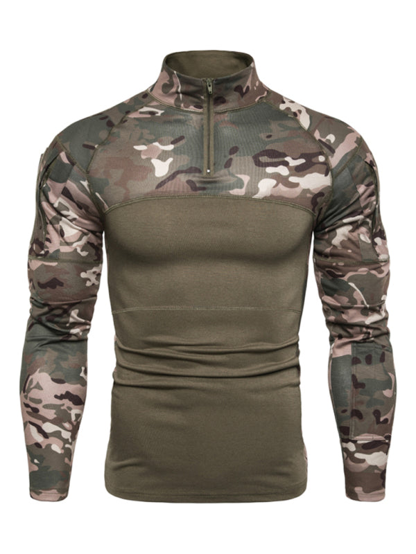 Men's Military Field Outdoor Elastic Fitness Camouflage Long Sleeve Zipper Pocket T-Shirt