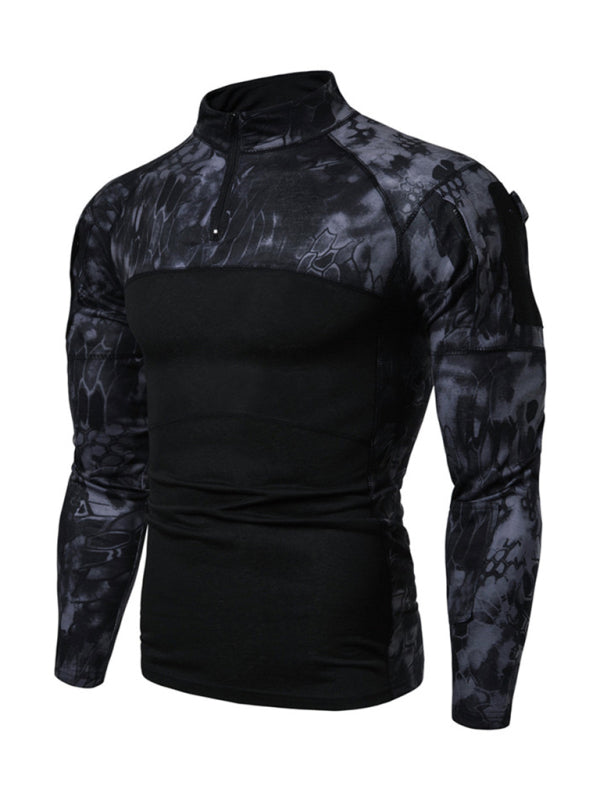 Men's Military Field Outdoor Elastic Fitness Camouflage Long Sleeve Zipper Pocket T-Shirt