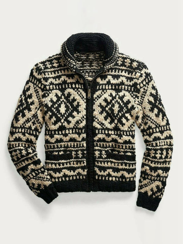 Men's Jacquard Knit Jacket Lapel Long Sleeve Jacket Sweater