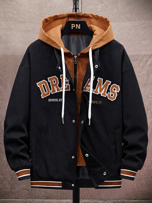 Men's embroidered letter fake two piece hooded jacket