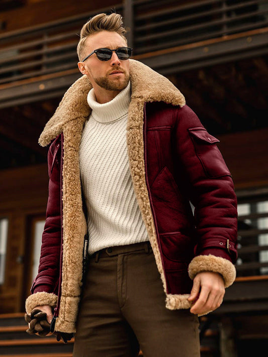 Men's fur one-piece thickened mid-length jacket