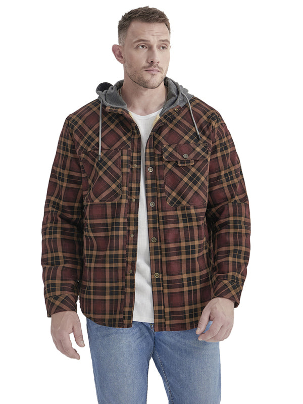 Men's plaid loose warm hooded jacket