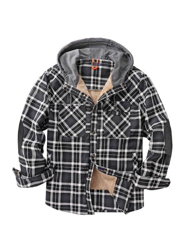 Men's plaid loose warm hooded jacket