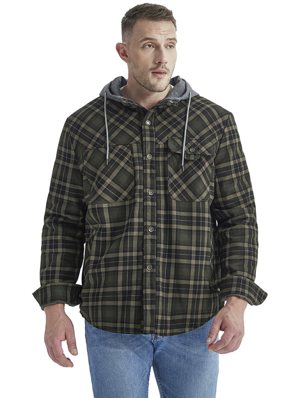 Men's plaid loose warm hooded jacket