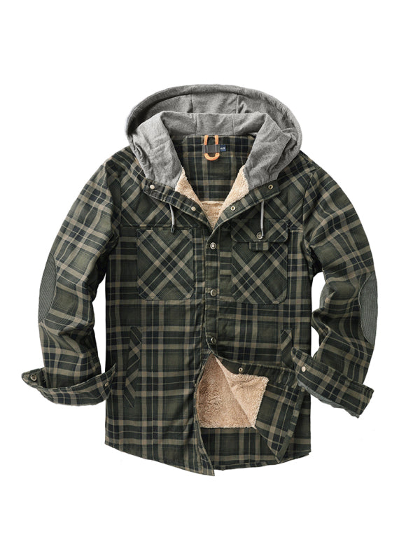 Men's plaid loose warm hooded jacket