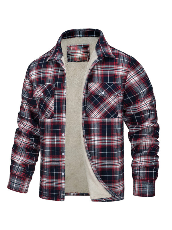 Men's thickened corduroy and velvet long-sleeved plaid patchwork jacket