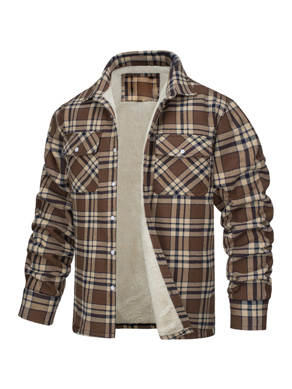 Men's thickened corduroy and velvet long-sleeved plaid patchwork jacket