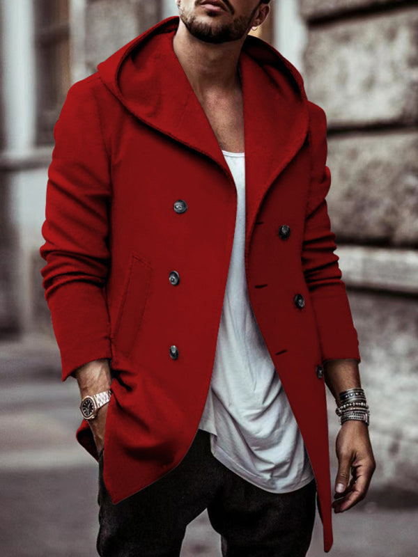 Men's mid-length lapel hooded double-breasted casual trench coat