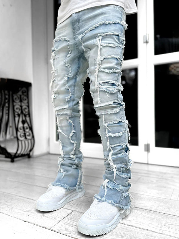 Men's new stretch patch denim straight pants