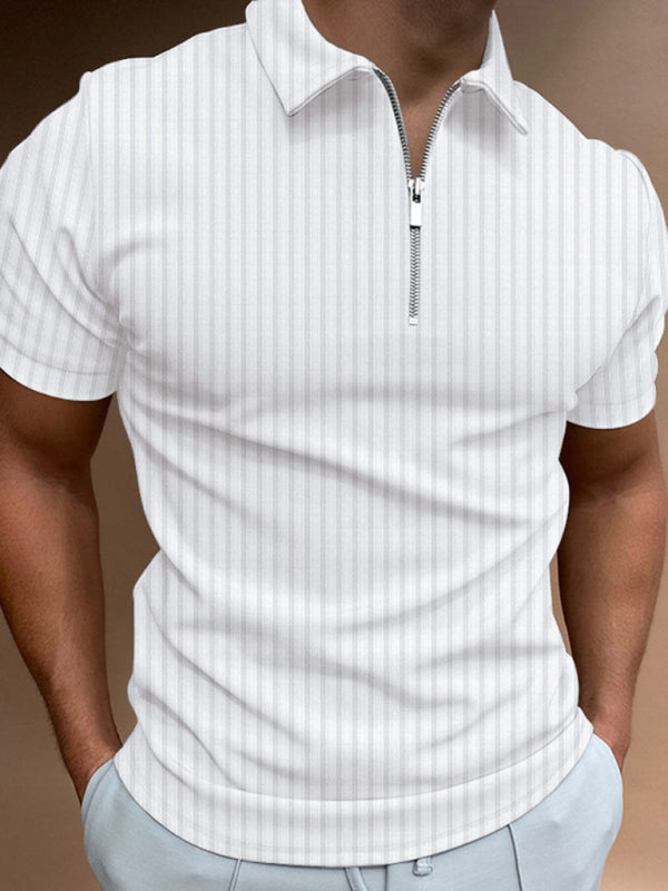 Men's new zipper striped short-sleeved lapel casual polo shirt