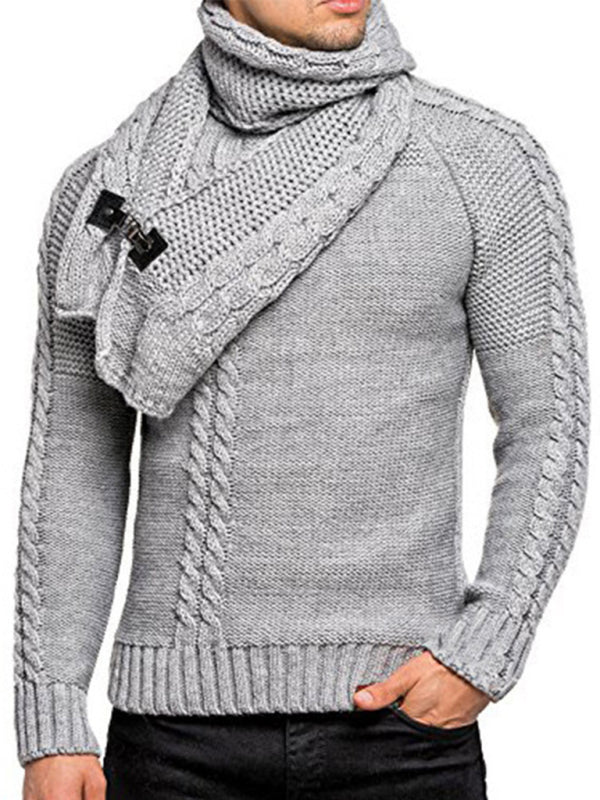 Men's fashionable scarf pullover solid color twist knitted sweater top
